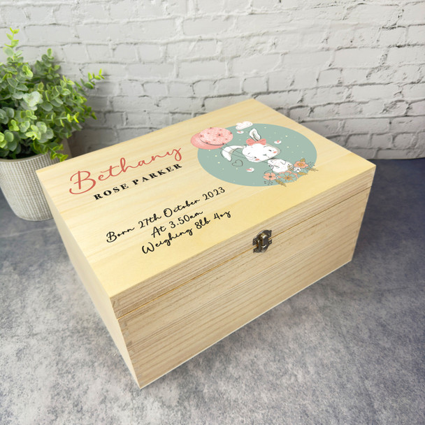 Cute Bunny With Balloons Birth Details New Baby Personalised Wooden Keepsake Box