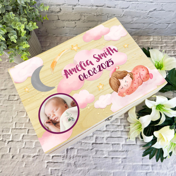 Pink Baby Girl Sleep Photo Pink Clouds New Baby Personalised Wooden Keepsake Box