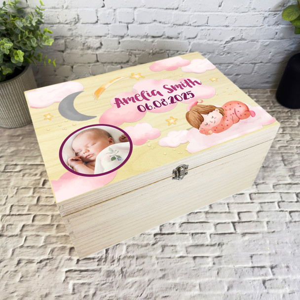 Pink Baby Girl Sleep Photo Pink Clouds New Baby Personalised Wooden Keepsake Box