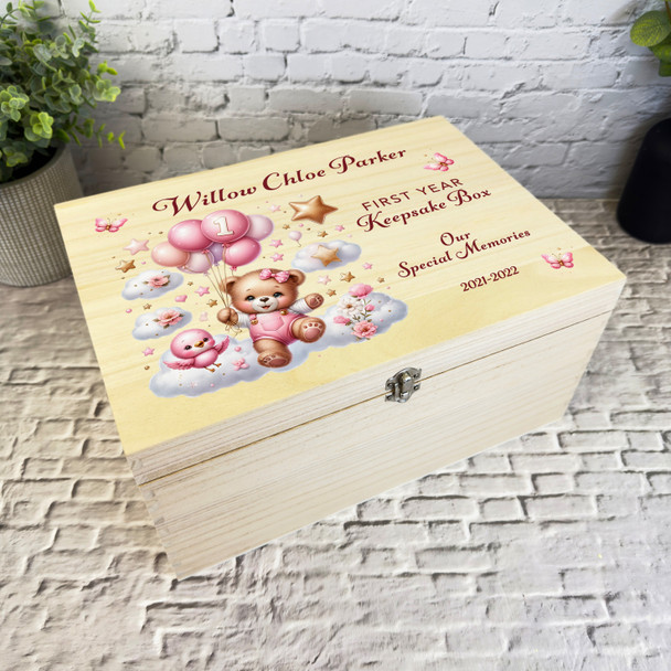 Pink Butterflies Teddy Bear First Year Memories Personalised Wooden Keepsake Box