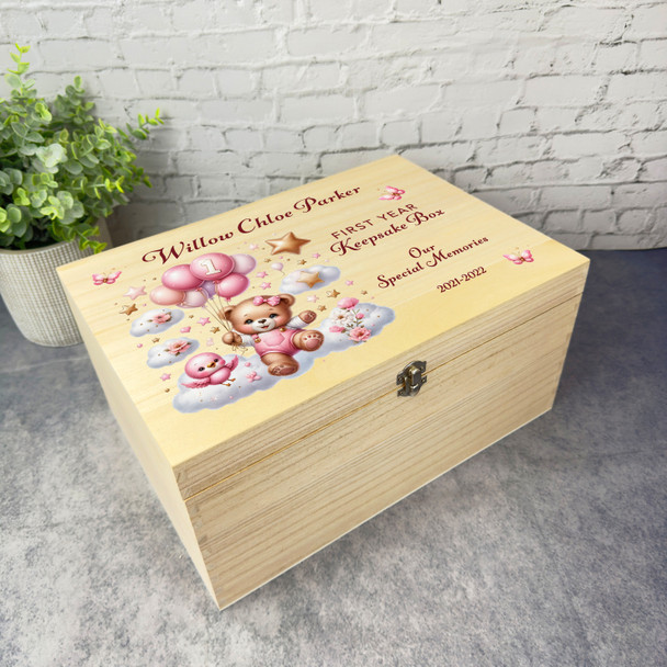 Pink Butterflies Teddy Bear First Year Memories Personalised Wooden Keepsake Box