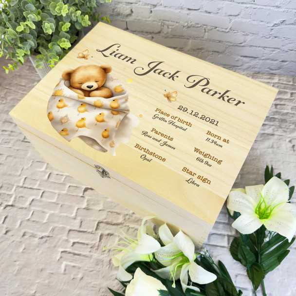 Sleeping Teddy Bear Wrapped In Blanked New Baby Personalised Wooden Keepsake Box