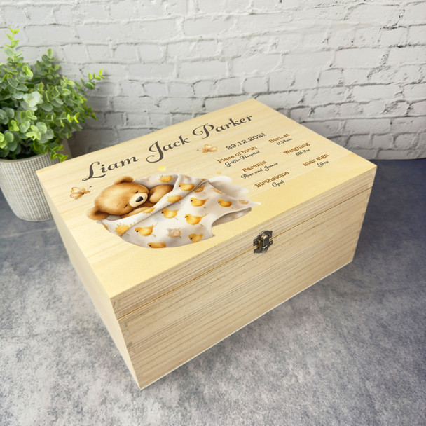 Sleeping Teddy Bear Wrapped In Blanked New Baby Personalised Wooden Keepsake Box