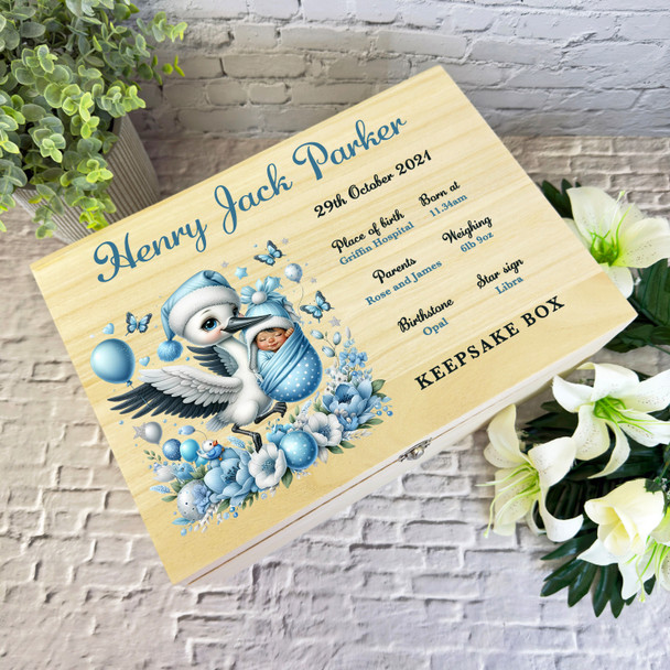 Blue Floral Stork Butterfly New Baby Boy Personalised Wooden Memory Keepsake Box