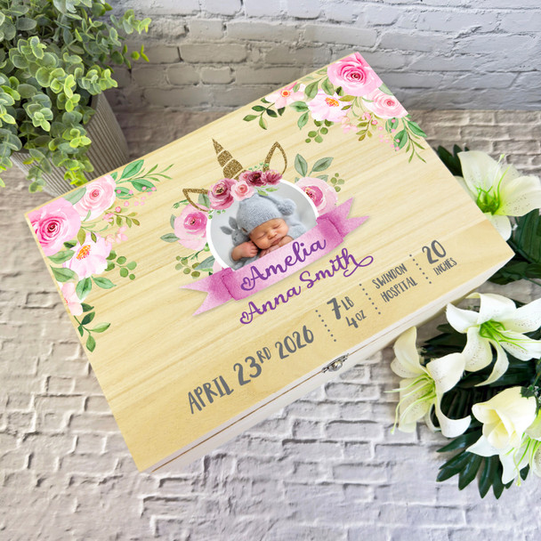 Details Unicorn Pink Photo New Baby Girl Personalised Wooden Memory Keepsake Box