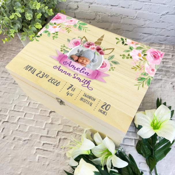 Details Unicorn Pink Photo New Baby Girl Personalised Wooden Memory Keepsake Box