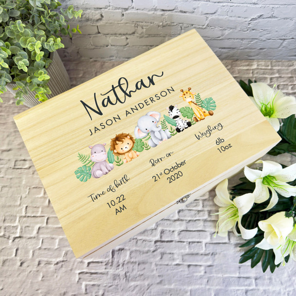 Watercolour Cute Safari Animals New Baby Personalised Wooden Memory Keepsake Box