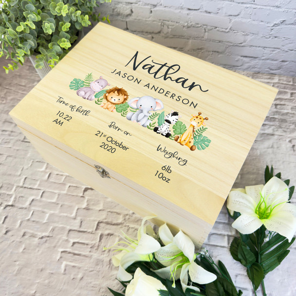 Watercolour Cute Safari Animals New Baby Personalised Wooden Memory Keepsake Box