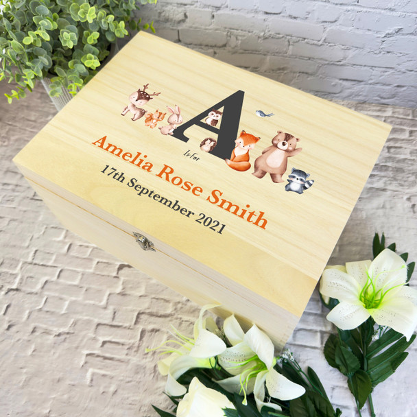 Woodland Animals Initial Letter New Baby Personalised Wooden Memory Keepsake Box