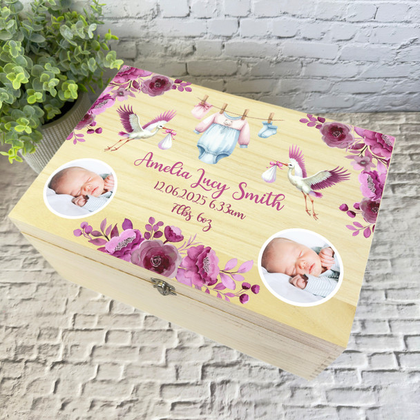 New Baby Girl Pink Flowers Photo Personalised Storage Wooden Memory Keepsake Box