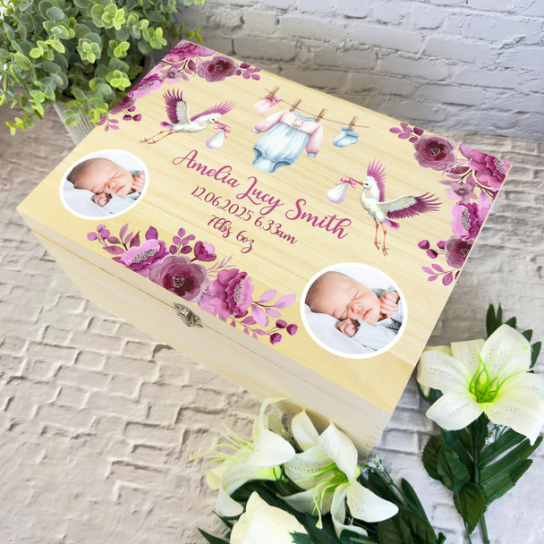 New Baby Girl Pink Flowers Photo Personalised Storage Wooden Memory Keepsake Box