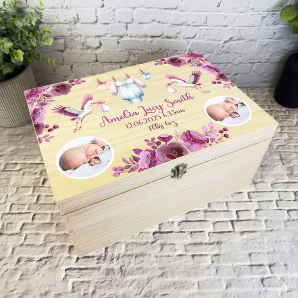 New Baby Girl Pink Flowers Photo Personalised Storage Wooden Memory Keepsake Box