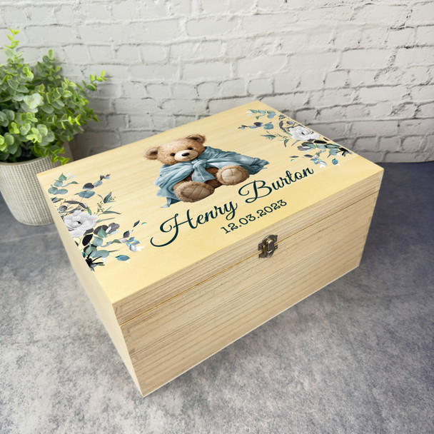 Teddy Bear Blue Blanket New Baby Personalised Storage Wooden Memory Keepsake Box