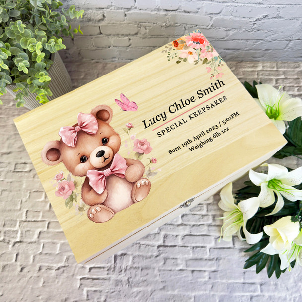 Floral Pink Teddy Bear Butterfly Girl New Baby Personalised Wooden Keepsake Box