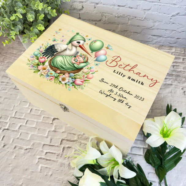 Green Stork Pink Blue Floral Balloons New Baby Personalised Wooden Keepsake Box