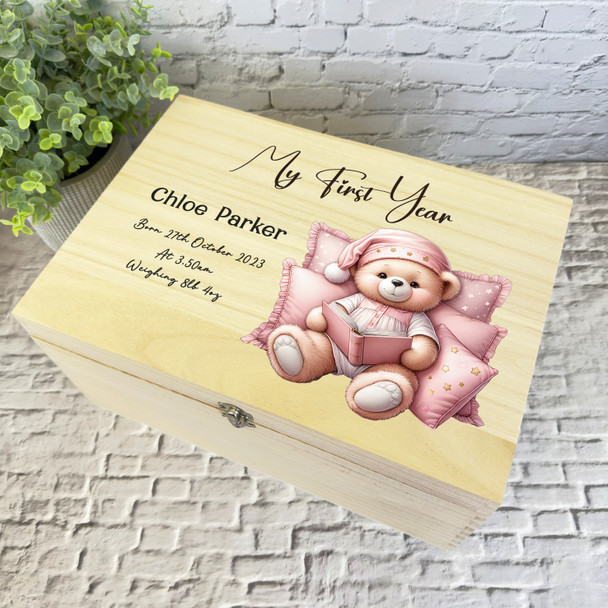 Teddy Reading Book My First Year Baby Memories Personalised Wooden Keepsake Box