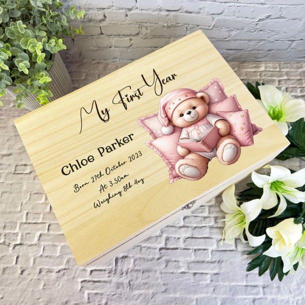 Teddy Reading Book My First Year Baby Memories Personalised Wooden Keepsake Box