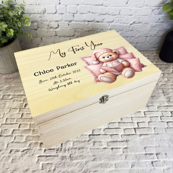 Teddy Reading Book My First Year Baby Memories Personalised Wooden Keepsake Box