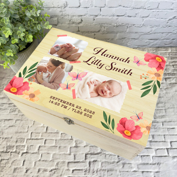 Watercolour Flowers Photo Frames New Baby Girl Personalised Wooden Keepsake Box