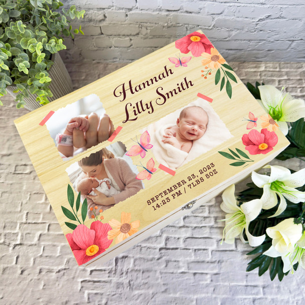 Watercolour Flowers Photo Frames New Baby Girl Personalised Wooden Keepsake Box