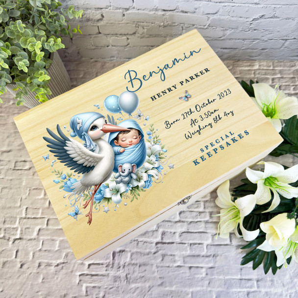 Blue Boy Floral Balloons Stork New Baby Personalised Wooden Memory Keepsake Box