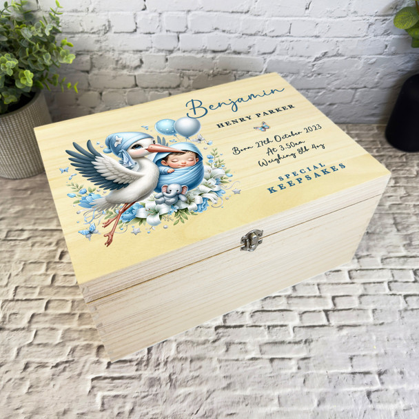 Blue Boy Floral Balloons Stork New Baby Personalised Wooden Memory Keepsake Box