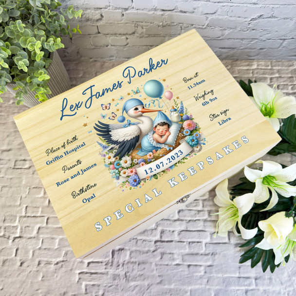 Blue Floral Stork Balloons New Baby Boy Personalised Wooden Memory Keepsake Box