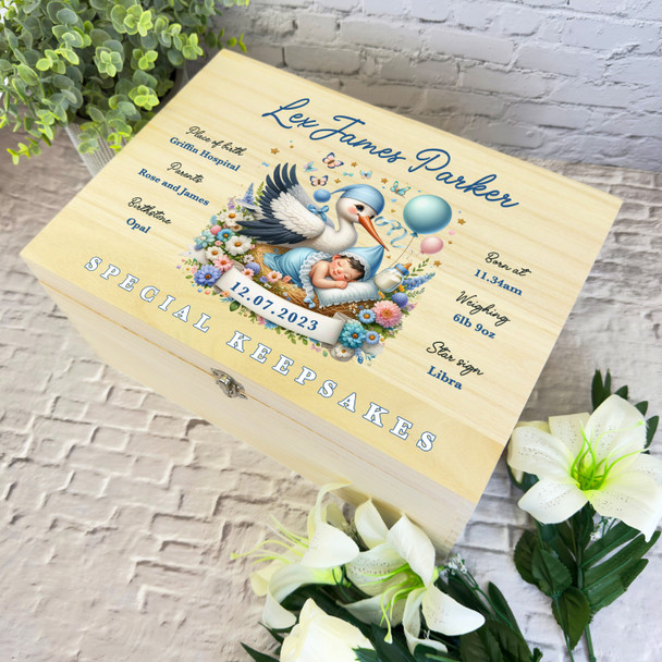 Blue Floral Stork Balloons New Baby Boy Personalised Wooden Memory Keepsake Box