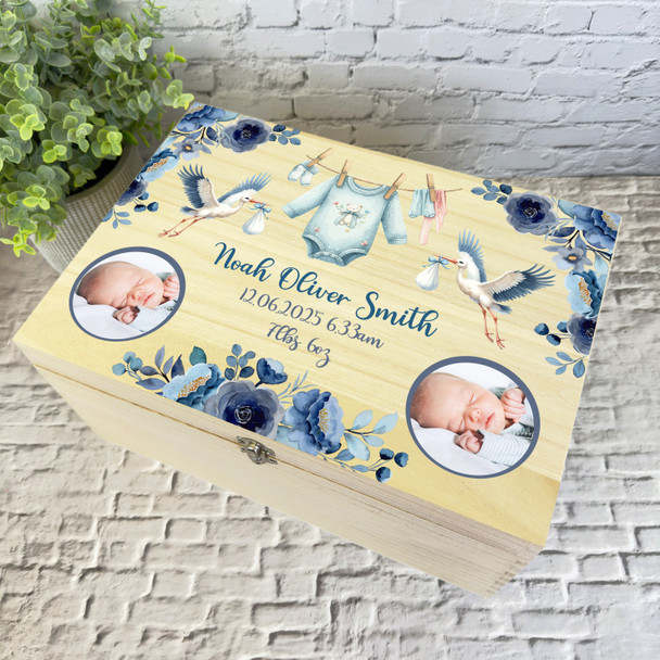 Blue Flowers Photo Details New Baby Boy Personalised Wooden Memory Keepsake Box