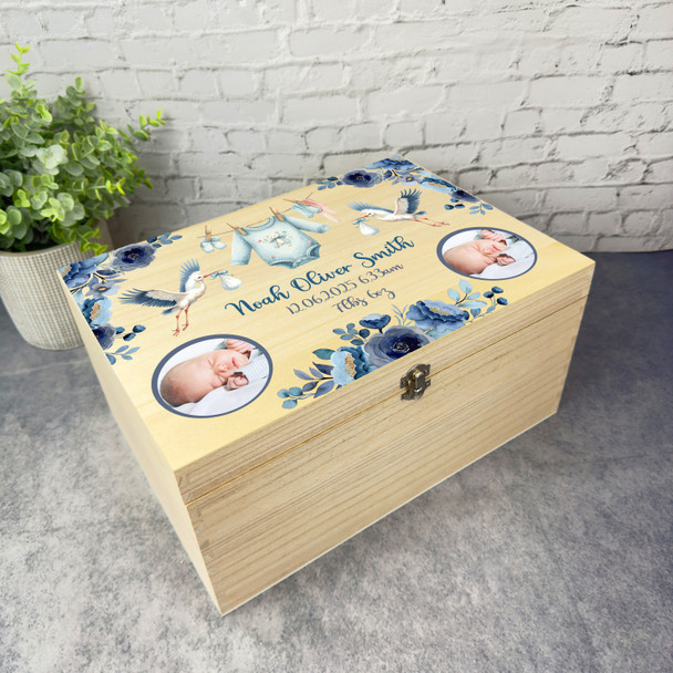 Blue Flowers Photo Details New Baby Boy Personalised Wooden Memory Keepsake Box