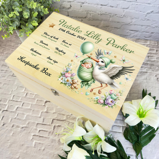 Floral Green Floral Stork Baby New Baby Personalised Wooden Memory Keepsake Box