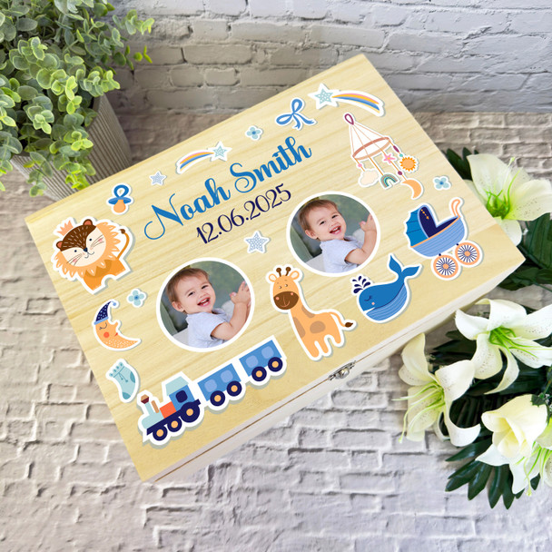 Kids Toys Stars Photo Blue New Baby Boy Personalised Wooden Memory Keepsake Box