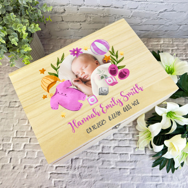 Photo Details Pink Floral New Baby Girl Personalised Wooden Memory Keepsake Box