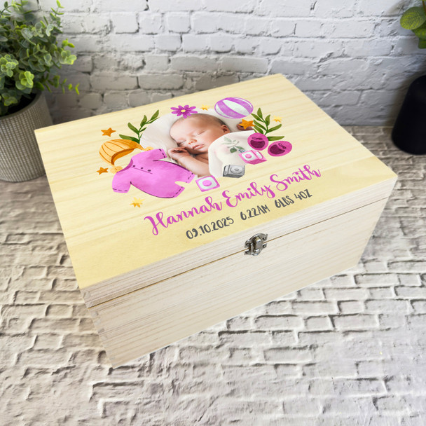 Photo Details Pink Floral New Baby Girl Personalised Wooden Memory Keepsake Box