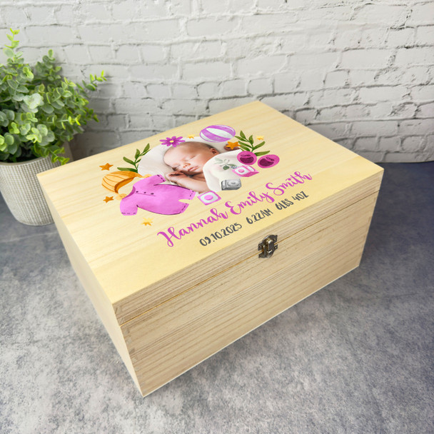 Photo Details Pink Floral New Baby Girl Personalised Wooden Memory Keepsake Box