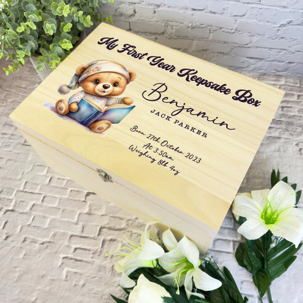 Teddy Bear With Book My First Year Kids Personalised Wooden Memory Keepsake Box