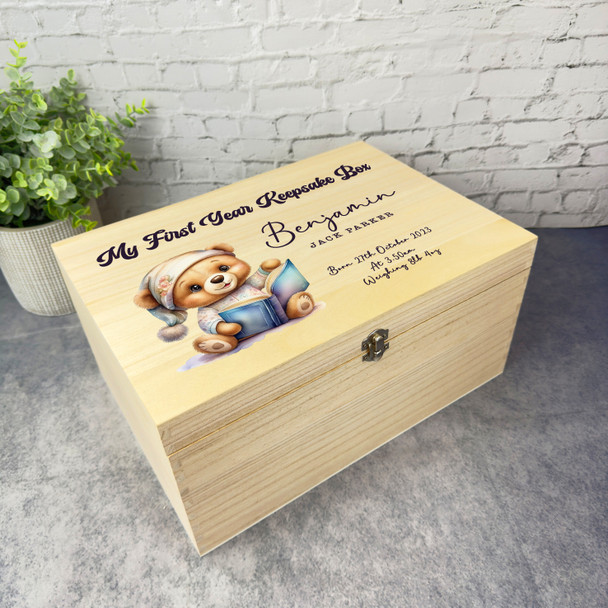 Teddy Bear With Book My First Year Kids Personalised Wooden Memory Keepsake Box