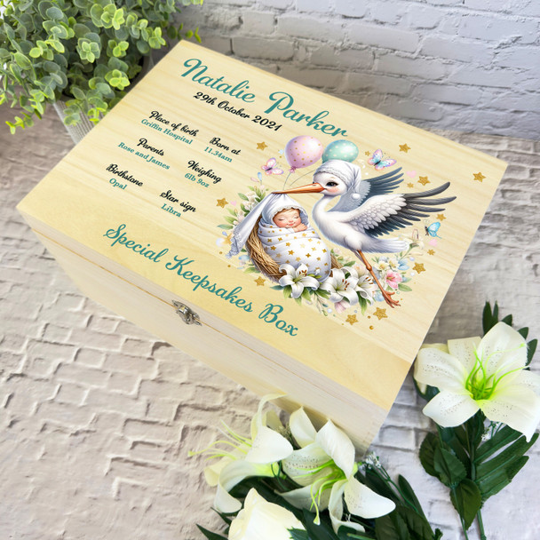 Floral Butterfly Stork New Baby Personalised Storage Wooden Memory Keepsake Box