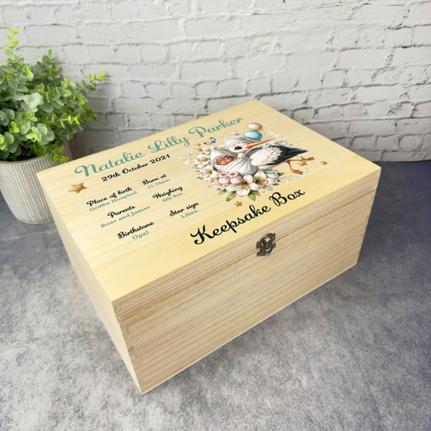 Floral Stork Dark Skin New Baby Personalised Storage Wooden Memory Keepsake Box