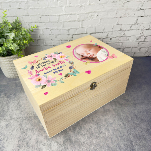 New Baby Girl Pink Flower Photo Personalised Storage Wooden Memory Keepsake Box