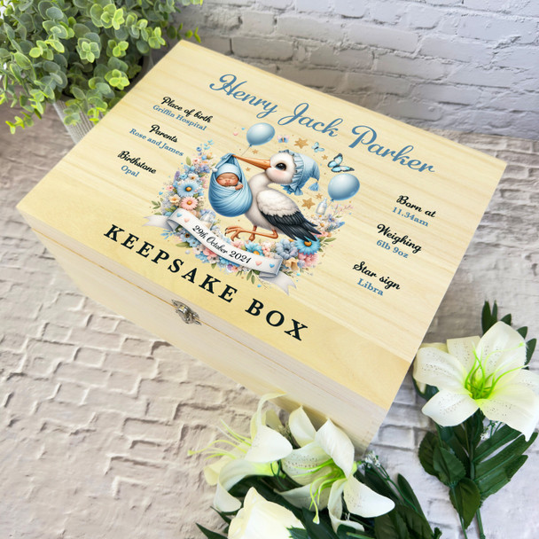 Blue Stork Floral & Balloons Boy New Baby Boy Personalised Wooden Keepsake Box