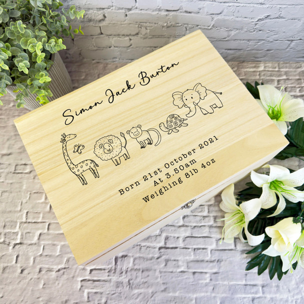 Outline Safari Animals Birth Details New Baby Personalised Wooden Keepsake Box