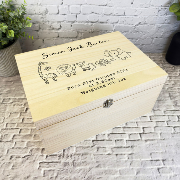 Outline Safari Animals Birth Details New Baby Personalised Wooden Keepsake Box