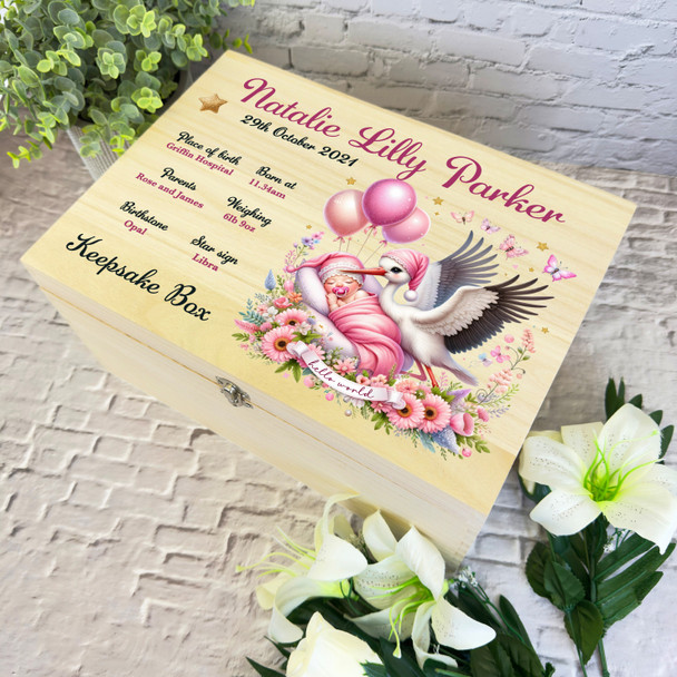 Pink Butterflies Stork Balloons New Baby Girl Personalised Wooden Keepsake Box