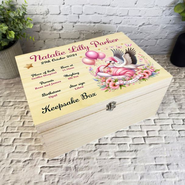 Pink Butterflies Stork Balloons New Baby Girl Personalised Wooden Keepsake Box