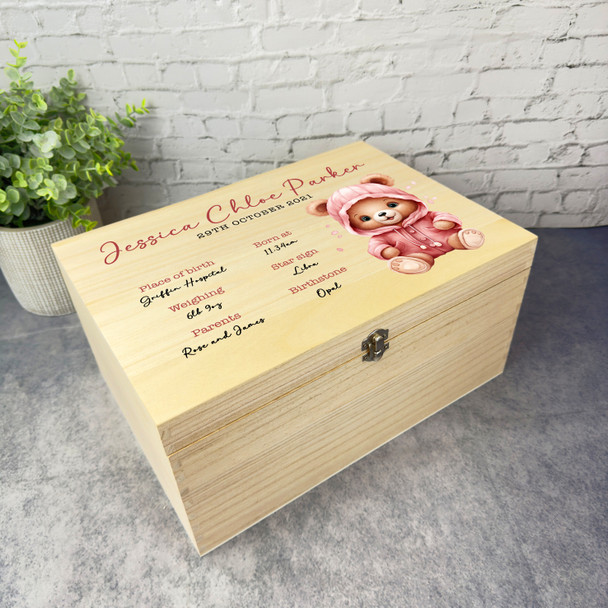 Pink Outfit Teddy Bear Birth Details New Baby Personalised Wooden Keepsake Box