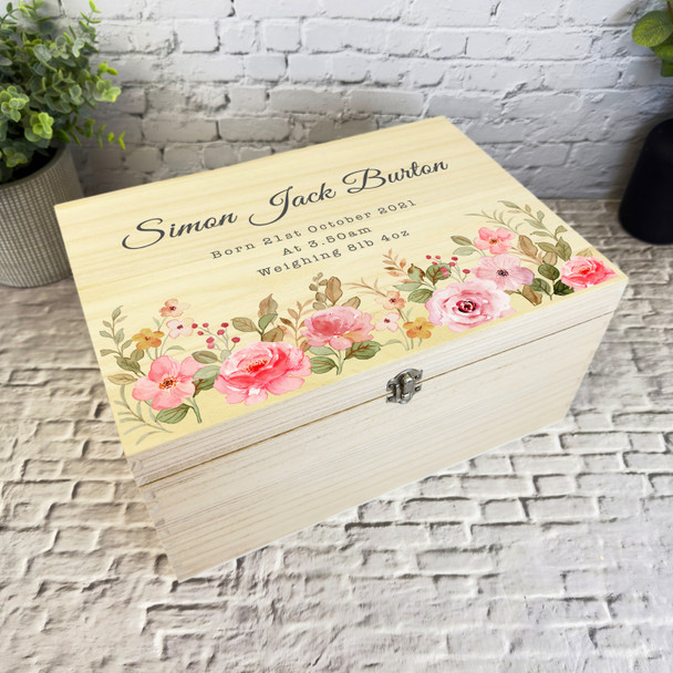 Watercolour Pink Roses Birth Details New Baby Personalised Wooden Keepsake Box