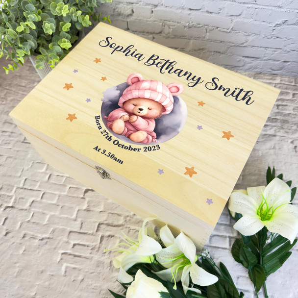 Watercolour Pink Sleeping Teddy Bear New Baby Personalised Wooden Keepsake Box