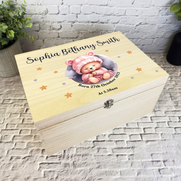 Watercolour Pink Sleeping Teddy Bear New Baby Personalised Wooden Keepsake Box