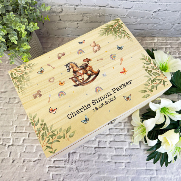 Watercolour Rocking Horse Children's New Baby Personalised Wooden Keepsake Box